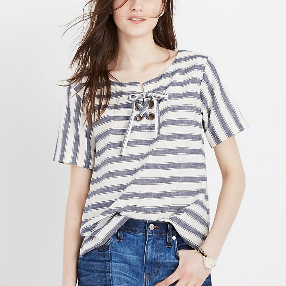 Madewell Striped Lace Up Top Linen Cotton Nautical Shirt Blouse XS